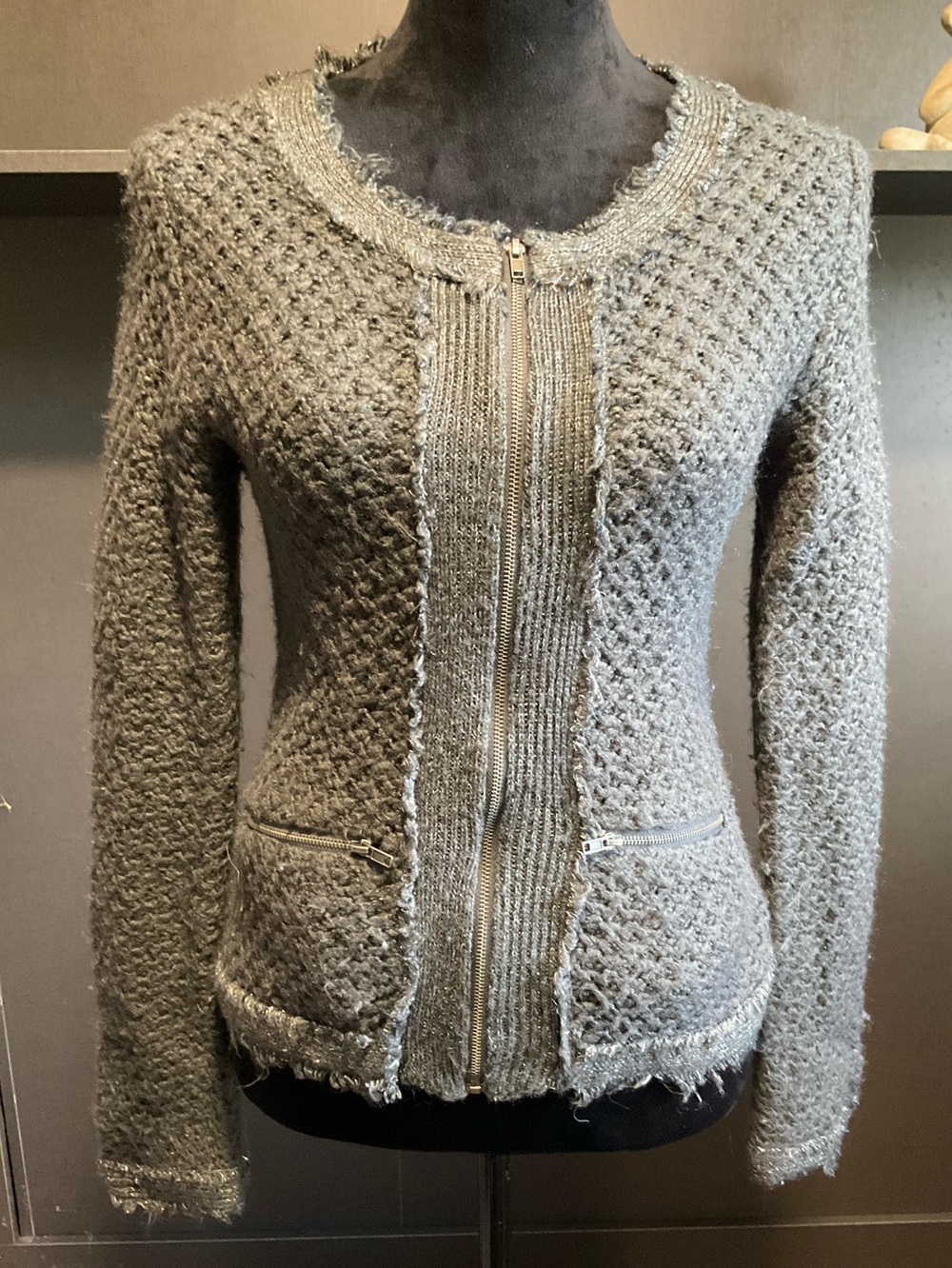 Romeo and Juliet, small gray tweed, zip up cardigan jacket